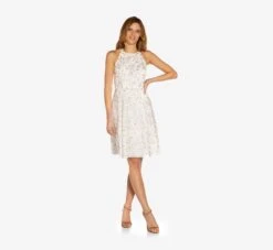 Adrianna Papell Metallic Floral Embroidered Short Fit-And-Flare Dress In Ivory Gold -Allure Attire AP1D104749 AK170 Regular Alternate