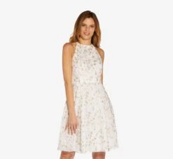 Adrianna Papell Metallic Floral Embroidered Short Fit-And-Flare Dress In Ivory Gold