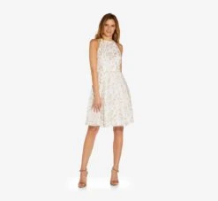 Adrianna Papell Metallic Floral Embroidered Short Fit-And-Flare Dress In Ivory Gold -Allure Attire AP1D104749 AK170 Regular Side