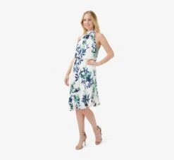 Adrianna Papell Floral-Print Crepe Midi-Length Blouson Halter Dress In Ivory Multi -Allure Attire AP1D104753 AH170 Regular