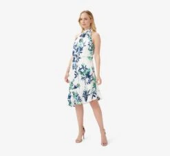 Adrianna Papell Floral-Print Crepe Midi-Length Blouson Halter Dress In Ivory Multi -Allure Attire AP1D104753 AH170 Regular Side