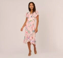 Adrianna Papell Floral-Print Twill Ruffled Midi-Length Faux Wrap Dress In Rose Multi