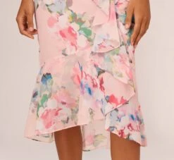 Adrianna Papell Floral-Print Twill Ruffled Midi-Length Faux Wrap Dress In Rose Multi -Allure Attire AP1D104756 AE590 Regular Lifestyle