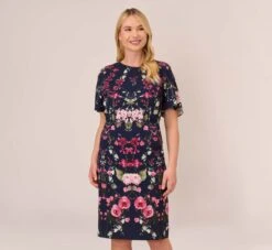 Adrianna Papell Plus Size Floral-Print Crepe Midi-Length Sheath Dress In Navy Multi