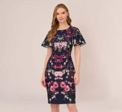 Adrianna Papell Floral-Print Crepe Midi-Length Sheath Dress In Navy Multi
