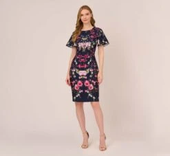 Adrianna Papell Floral-Print Crepe Midi-Length Sheath Dress In Navy Multi -Allure Attire AP1D104781 AA980 Regular Front