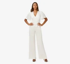 Adrianna Papell Satin Crepe Faux Wrap Jumpsuit With Flutter Sleeves In Ivory -Allure Attire AP1D104798 AA194 Regular Alternate