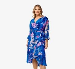 Adrianna Papell Plus Size Floral-Print Chiffon Short Wrap Dress In Blue Multi