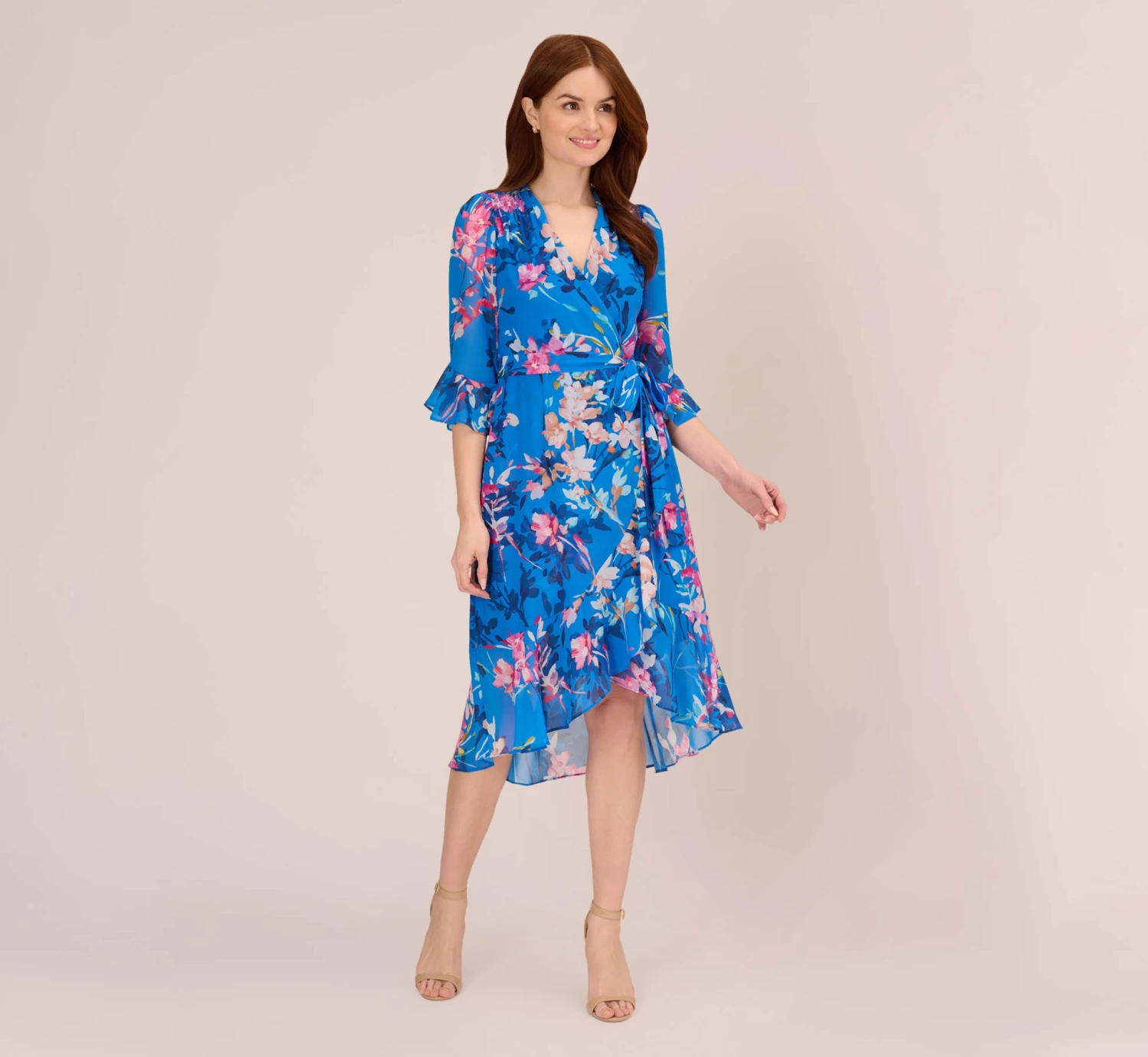 Adrianna Papell Floral-Print Chiffon Short Wrap Dress In Blue Multi 2 Adrianna Papell Floral-Print Chiffon Short Wrap Dress In Blue Multi - Image 2