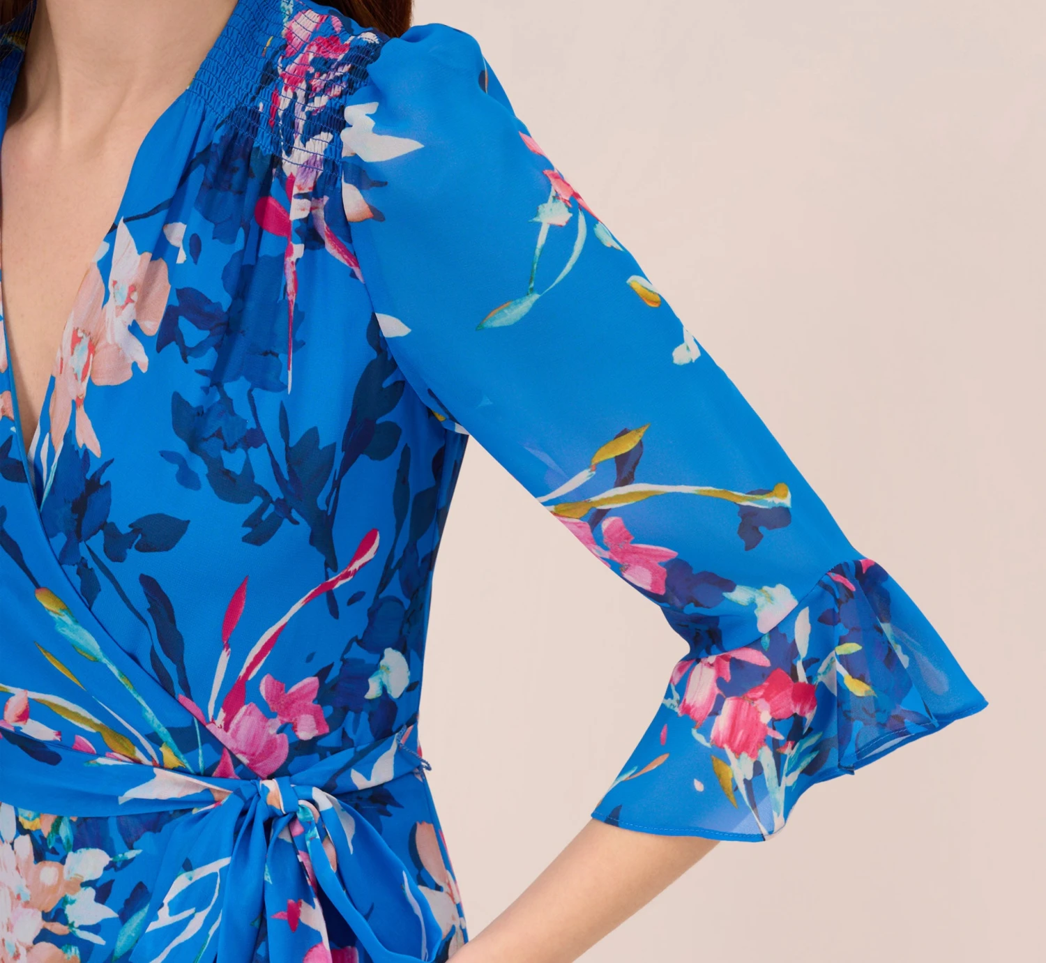 Adrianna Papell Floral-Print Chiffon Short Wrap Dress In Blue Multi 5 Adrianna Papell Floral-Print Chiffon Short Wrap Dress In Blue Multi - Image 5