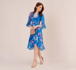 Adrianna Papell Floral-Print Chiffon Short Wrap Dress In Blue Multi