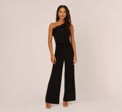 Adrianna Papell Ruffled One-Shoulder Blouson Jersey Jumpsuit In Black