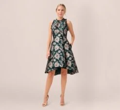 Adrianna Papell Metallic Floral Jacquard Ruffled Fit And Flare Short Day Dress In Hunter Multi