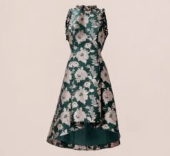 Adrianna Papell Metallic Floral Jacquard Ruffled Fit And Flare Short Day Dress In Hunter Multi 10 Adrianna Papell Metallic Floral Jacquard Ruffled Fit And Flare Short Day Dress In Hunter Multi -Allure Attire AP1D104821 AH390 Regular Flat