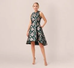 Adrianna Papell Metallic Floral Jacquard Ruffled Fit And Flare Short Day Dress In Hunter Multi 11 Adrianna Papell Metallic Floral Jacquard Ruffled Fit And Flare Short Day Dress In Hunter Multi -Allure Attire AP1D104821 AH390 Regular Side
