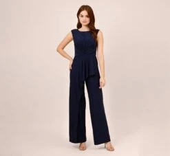 Adrianna Papell Stretch Jersey Twist-Front Jumpsuit With Overlay In Midnight