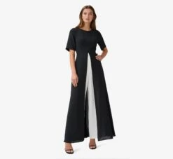 Adrianna Papell Colorblock Gauzy Crepe Jumpsuit With Skirt Overlay In Black Ivory