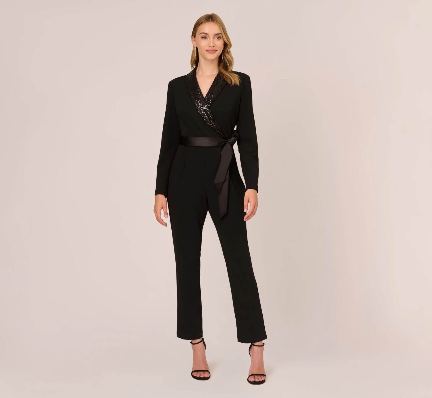 Adrianna Papell Hand-Sequined Crepe Tuxedo Jumpsuit In Black 1 Adrianna Papell Hand-Sequined Crepe Tuxedo Jumpsuit In Black