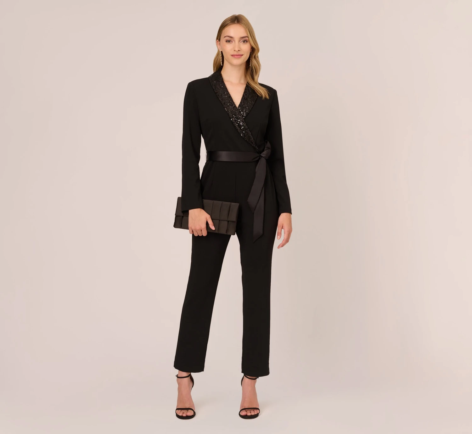 Adrianna Papell Hand-Sequined Crepe Tuxedo Jumpsuit In Black 2 Adrianna Papell Hand-Sequined Crepe Tuxedo Jumpsuit In Black - Image 2