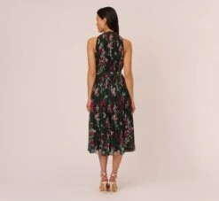 Adrianna Papell Floral Pleated Chiffon Dress With Mock Neckline In Hunter Multi -Allure Attire AP1D104866 AH390 Regular Back