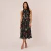 Adrianna Papell Floral Pleated Chiffon Dress With Mock Neckline In Hunter Multi