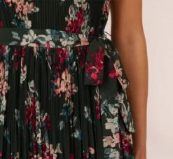 Adrianna Papell Floral Pleated Chiffon Dress With Mock Neckline In Hunter Multi -Allure Attire AP1D104866 AH390 Regular Lifestyle