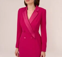 Adrianna Papell Crepe Tuxedo Sheath Dress With Long Sleeves In Rich Magenta -Allure Attire AP1D104876 AQ670 Regular Detail