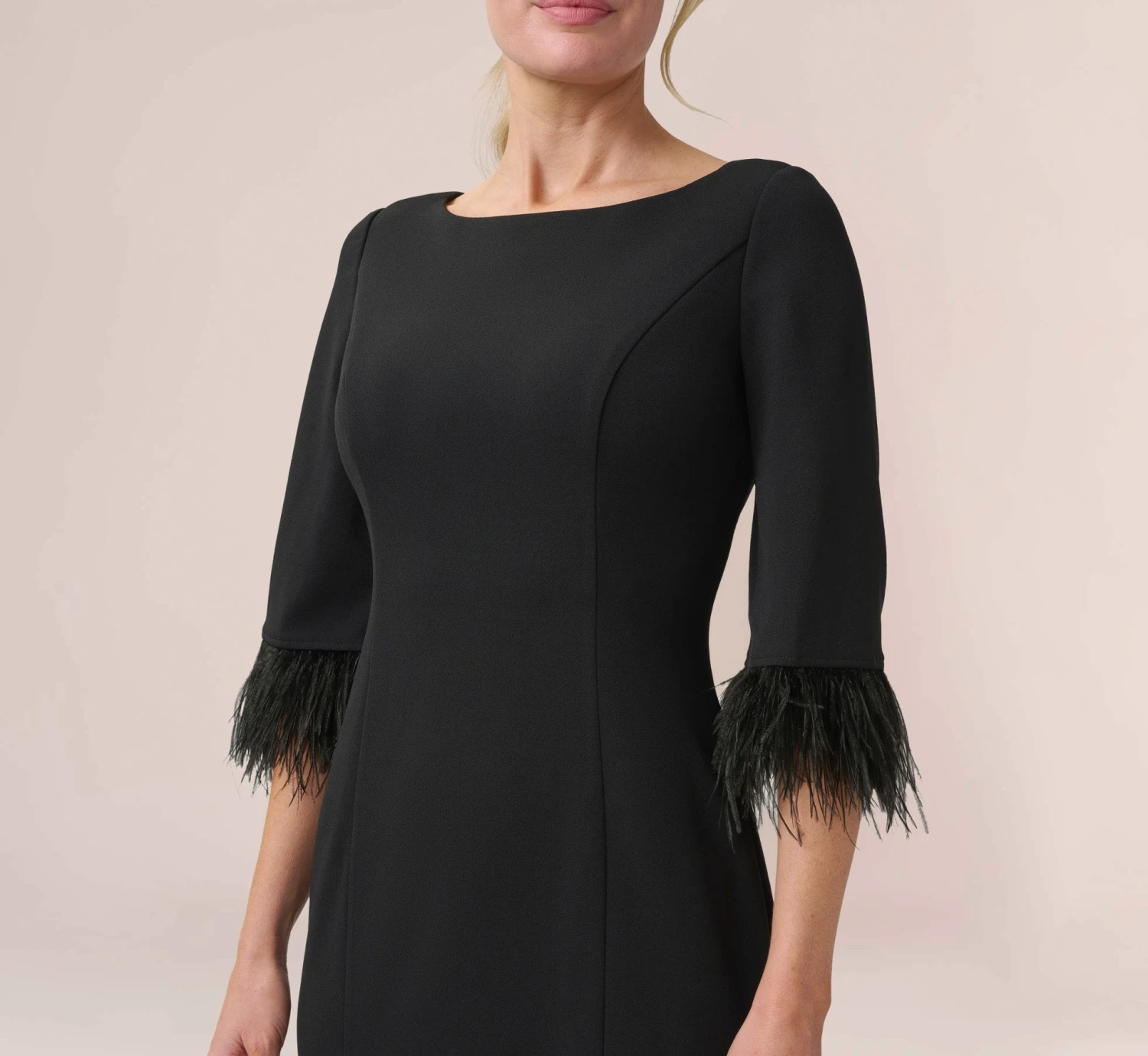 Adrianna Papell Crepe Sheath Dress With V-Back And Feather-Trim Sleeves In Black 3 Adrianna Papell Crepe Sheath Dress With V-Back And Feather-Trim Sleeves In Black - Image 3