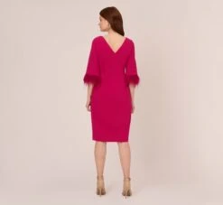 Adrianna Papell Crepe Sheath Dress With V-Back And Feather-Trim Sleeves In Rich Magenta -Allure Attire AP1D104892 AQ670 Regular Back