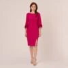 Adrianna Papell Crepe Sheath Dress With V-Back And Feather-Trim Sleeves In Rich Magenta