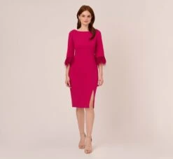 Adrianna Papell Crepe Sheath Dress With V-Back And Feather-Trim Sleeves In Rich Magenta