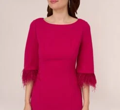 Adrianna Papell Crepe Sheath Dress With V-Back And Feather-Trim Sleeves In Rich Magenta -Allure Attire AP1D104892 AQ670 Regular Detail
