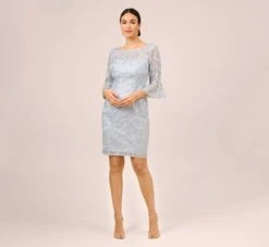 Adrianna Papell Sequined And Guipure Lace Illusion Short Sheath Cocktail Dress In Skyway