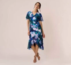 Adrianna Papell Floral-Print Stretch Twill And Chiffon Short Dress With Flounce Hem In Navy Multi