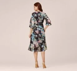 Adrianna Papell Floral Print Chiffon Short Faux Wrap Dress In Black Multi -Allure Attire AP1D104914 AA960 Regular Back