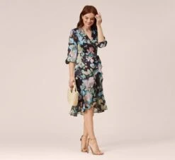 Adrianna Papell Floral Print Chiffon Short Faux Wrap Dress In Black Multi