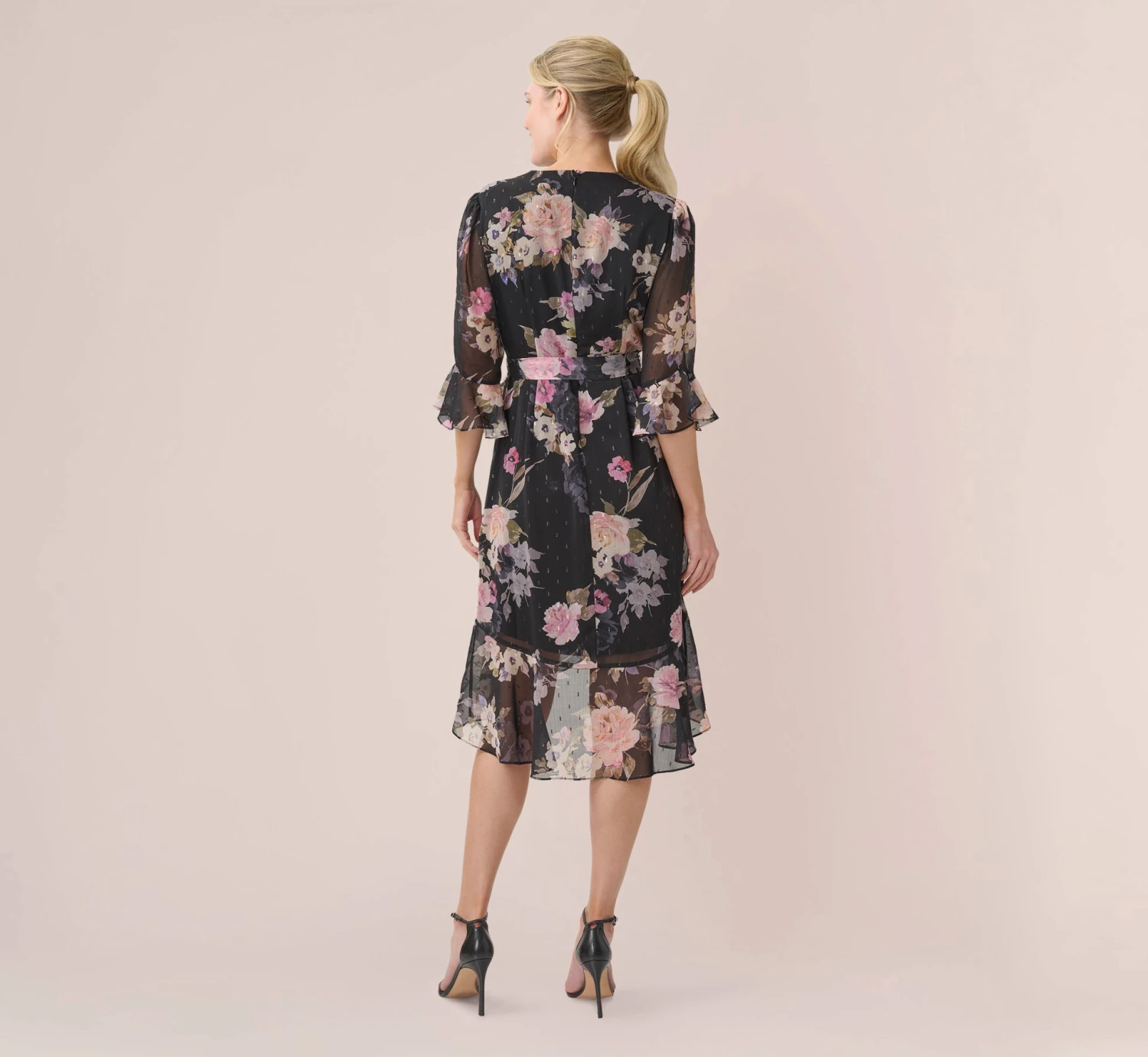 Adrianna Papell Metallic Floral-Print Chiffon Short Wrap Dress In Black Multi 2 Adrianna Papell Metallic Floral-Print Chiffon Short Wrap Dress In Black Multi - Image 2