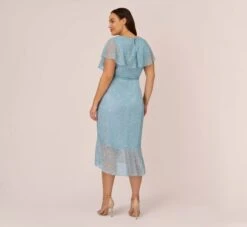 Adrianna Papell Plus Size Floral Metallic Stencil Midi-Length Mermaid Dress With Capelet In Light Blue -Allure Attire AP1D104918 AA486 Plus Back