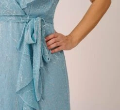 Adrianna Papell Plus Size Floral Metallic Stencil Midi-Length Mermaid Dress With Capelet In Light Blue -Allure Attire AP1D104918 AA486 Plus Detail