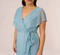 Adrianna Papell Plus Size Floral Metallic Stencil Midi-Length Mermaid Dress With Capelet In Light Blue -Allure Attire AP1D104918 AA486 Plus Lifestyle