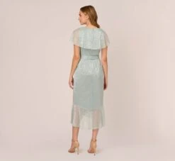 Adrianna Papell Floral Metallic Stencil Midi-Length Mermaid Dress With Capelet In Sea Glass 10 Adrianna Papell Floral Metallic Stencil Midi-Length Mermaid Dress With Capelet In Sea Glass -Allure Attire AP1D104918 AD480 Regular Back