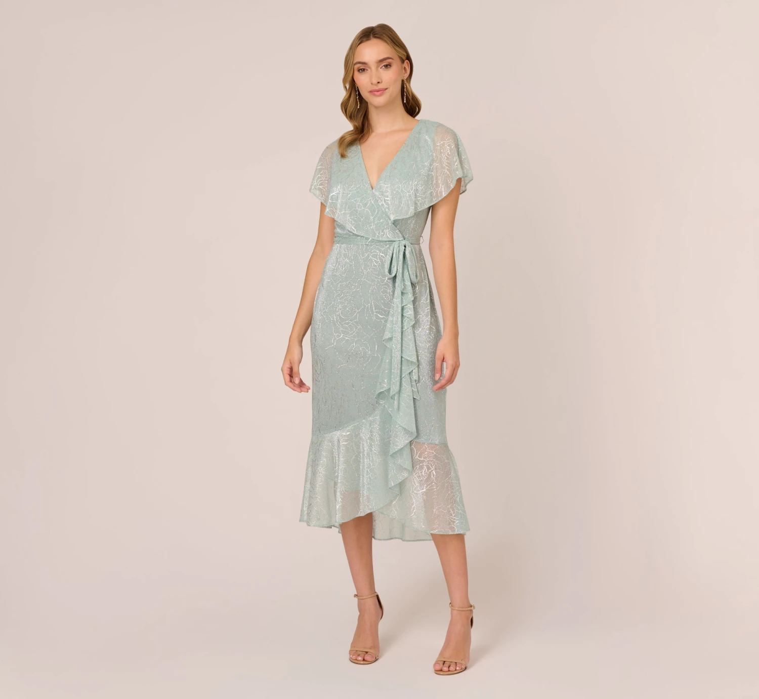 Adrianna Papell Floral Metallic Stencil Midi-Length Mermaid Dress With Capelet In Sea Glass 1 Adrianna Papell Floral Metallic Stencil Midi-Length Mermaid Dress With Capelet In Sea Glass