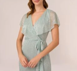 Adrianna Papell Floral Metallic Stencil Midi-Length Mermaid Dress With Capelet In Sea Glass 8 Adrianna Papell Floral Metallic Stencil Midi-Length Mermaid Dress With Capelet In Sea Glass -Allure Attire AP1D104918 AD480 Regular Detail