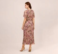 Adrianna Papell Floral-Print Metallic Crinkled Mesh Midi-Length Blouson Dress In Rose Multi -Allure Attire AP1D104919 AE590 Regular Back