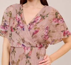 Adrianna Papell Floral-Print Metallic Crinkled Mesh Midi-Length Blouson Dress In Rose Multi -Allure Attire AP1D104919 AE590 Regular Detail