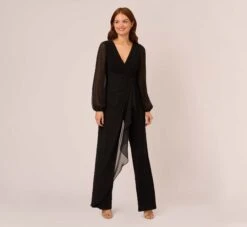 Front Page 5 Adrianna Papell Long Sleeve Jersey Jumpsuit With Chiffon Details In Black