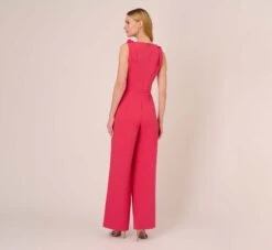 Adrianna Papell Stretch Knit Crepe Faux Wrap Wide Leg Jumpsuit With Overlay In Pink Lotus -Allure Attire AP1D104932 AG661 Regular Back
