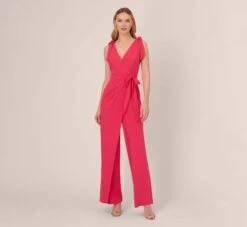 Adrianna Papell Stretch Knit Crepe Faux Wrap Wide Leg Jumpsuit With Overlay In Pink Lotus