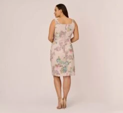 Adrianna Papell Plus Size Floral Matelasse Sheath Dress With Draped Details In Marble Multi -Allure Attire AP1D104940 AA291 Plus Back