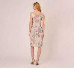 Adrianna Papell Floral Matelasse Sheath Dress With Draped Details In Marble Multi 10 Adrianna Papell Floral Matelasse Sheath Dress With Draped Details In Marble Multi -Allure Attire AP1D104940 AA291 Regular Back